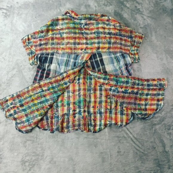 Pilcro Anthropologie Women’s Top XS Multicolor Plaid Button Boho Crinkle Y2K - Picture 6 of 12